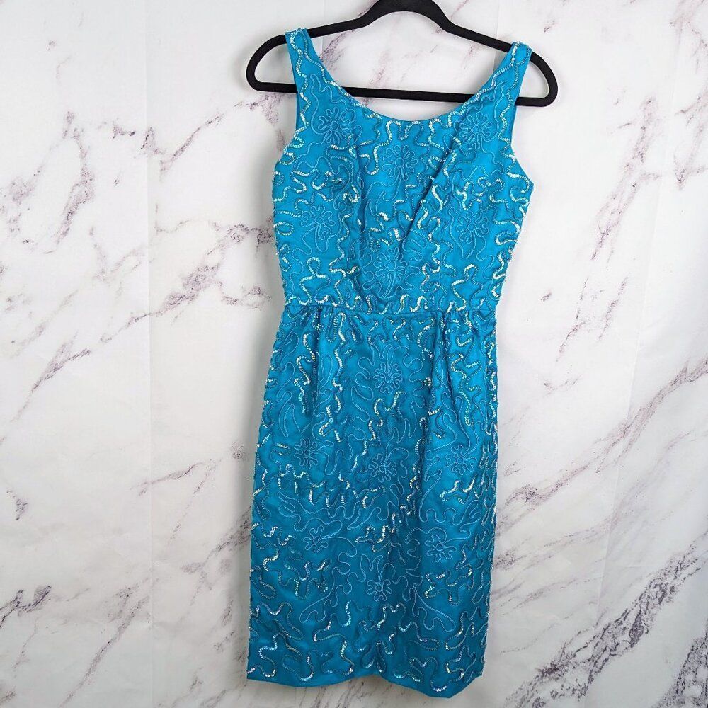 50s Blue Cocktail Sheath Dress Sequin Sleeveless ILGWU Vintage Size XS Jr. Theme